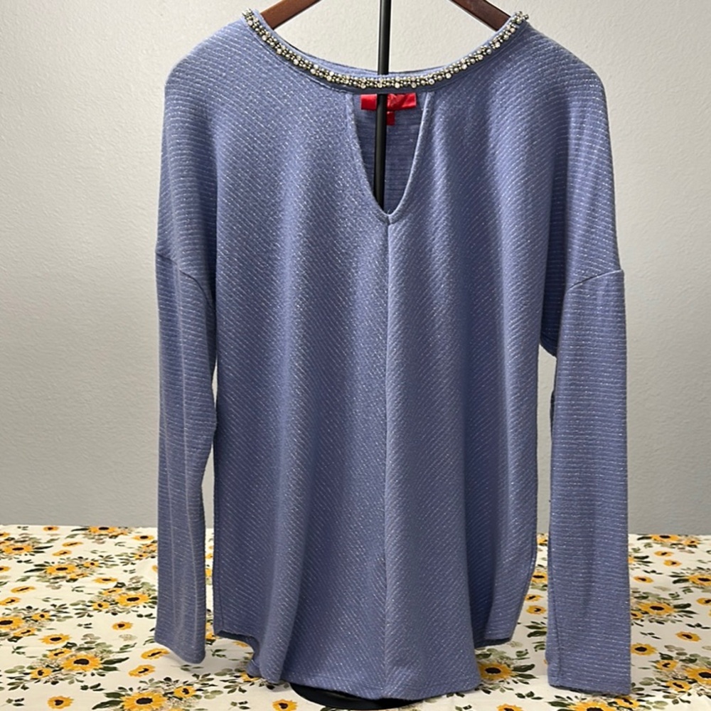 Jennifer Lopez Silver Blue Relaxed Embellished Blouse